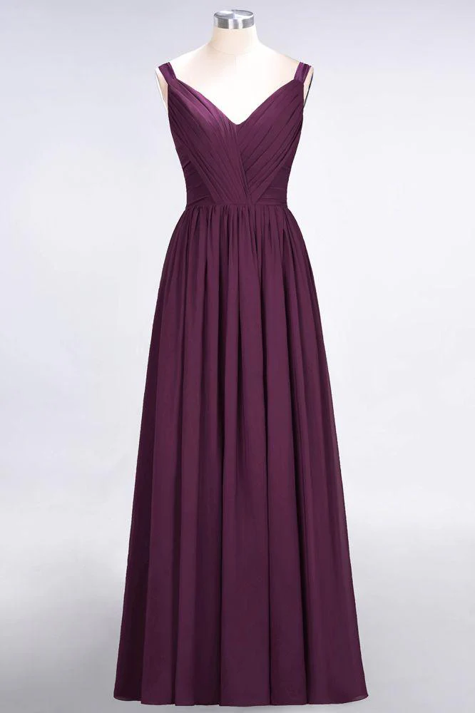 Elegant V-Neck Strap Backless Ruffles Chiffon Floor-Length Bridesmaid Dress - Image 26