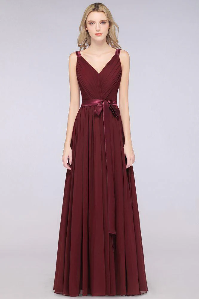 Elegant V-Neck Strap Backless Ruffles Chiffon Floor-Length Bridesmaid Dress - Image 3