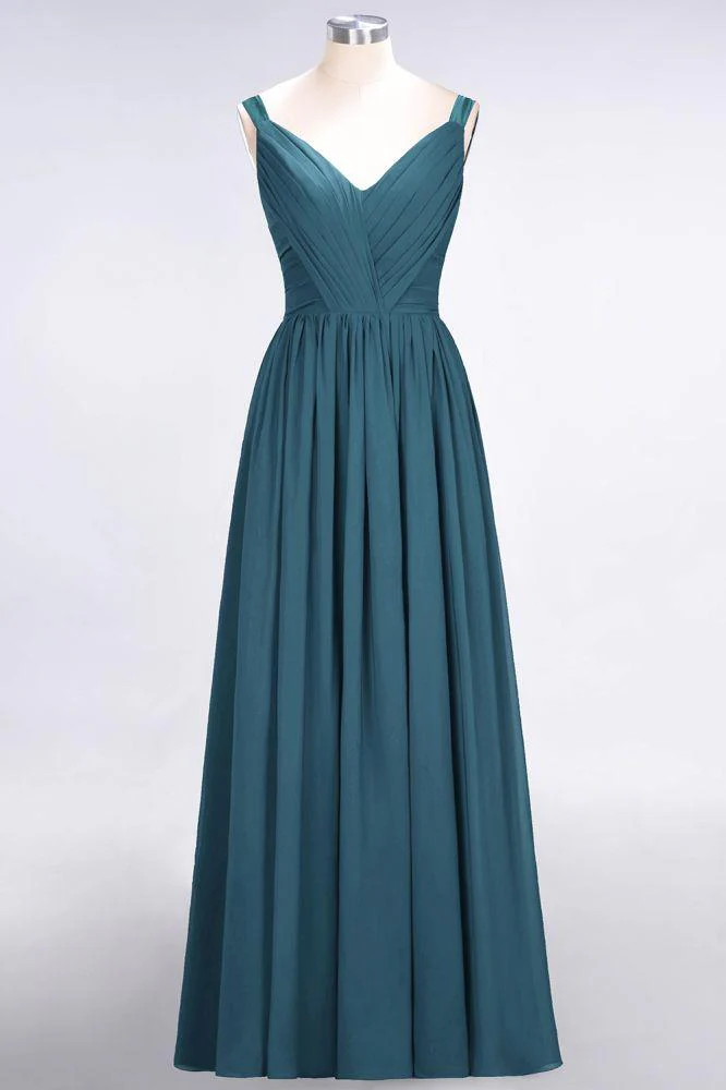 Elegant V-Neck Strap Backless Ruffles Chiffon Floor-Length Bridesmaid Dress - Image 33