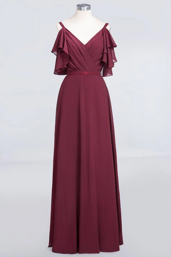 Elgant Ruffles Chiffon Floor-Length Bridesmaid Dress Aline Pearls Sleeveless Wedding Party Dress - Image 6