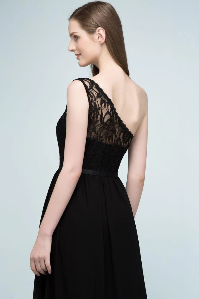 Floor Length Lace Chiffon A-line One-shoulder Bridesmaid Dresses with Sash - Image 6