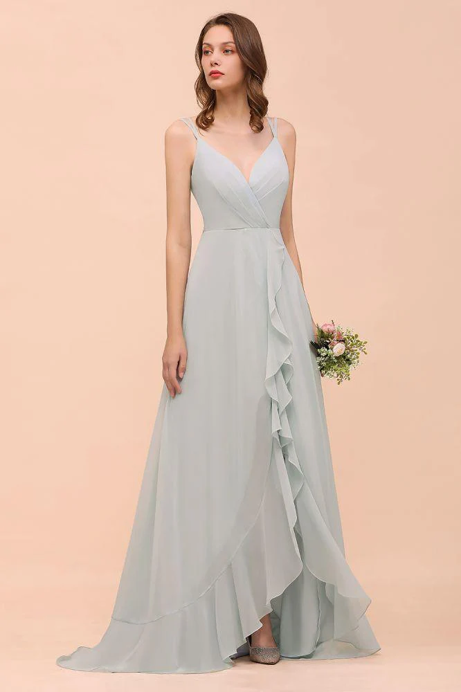 Grey Bridesmaid Dress Spaghetti V-Neck Ruffle Beach Wedding Party Dress - Image 4