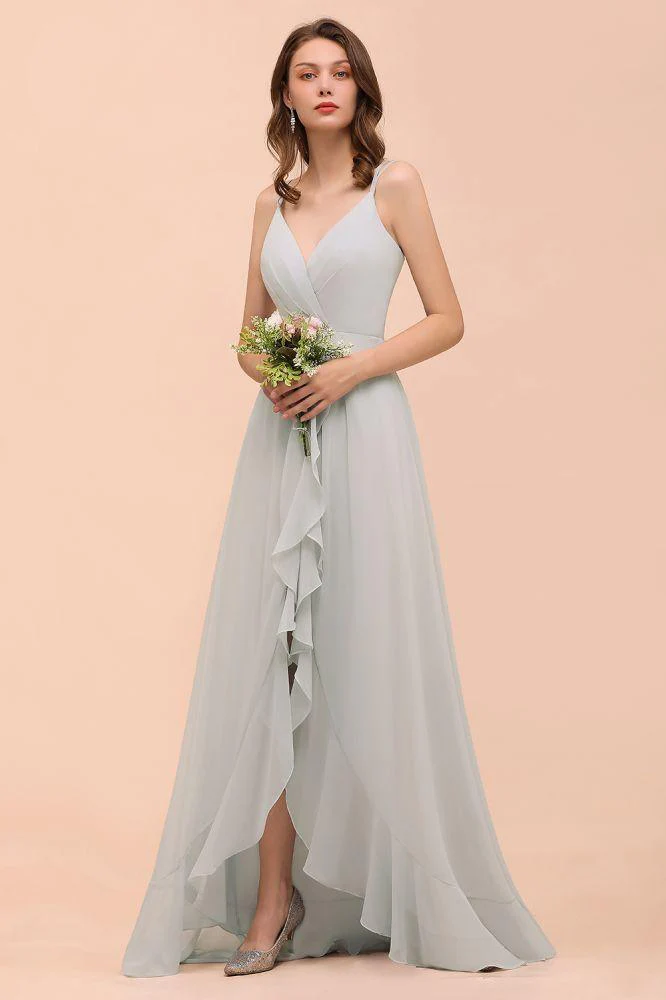Grey Bridesmaid Dress Spaghetti V-Neck Ruffle Beach Wedding Party Dress - Image 5