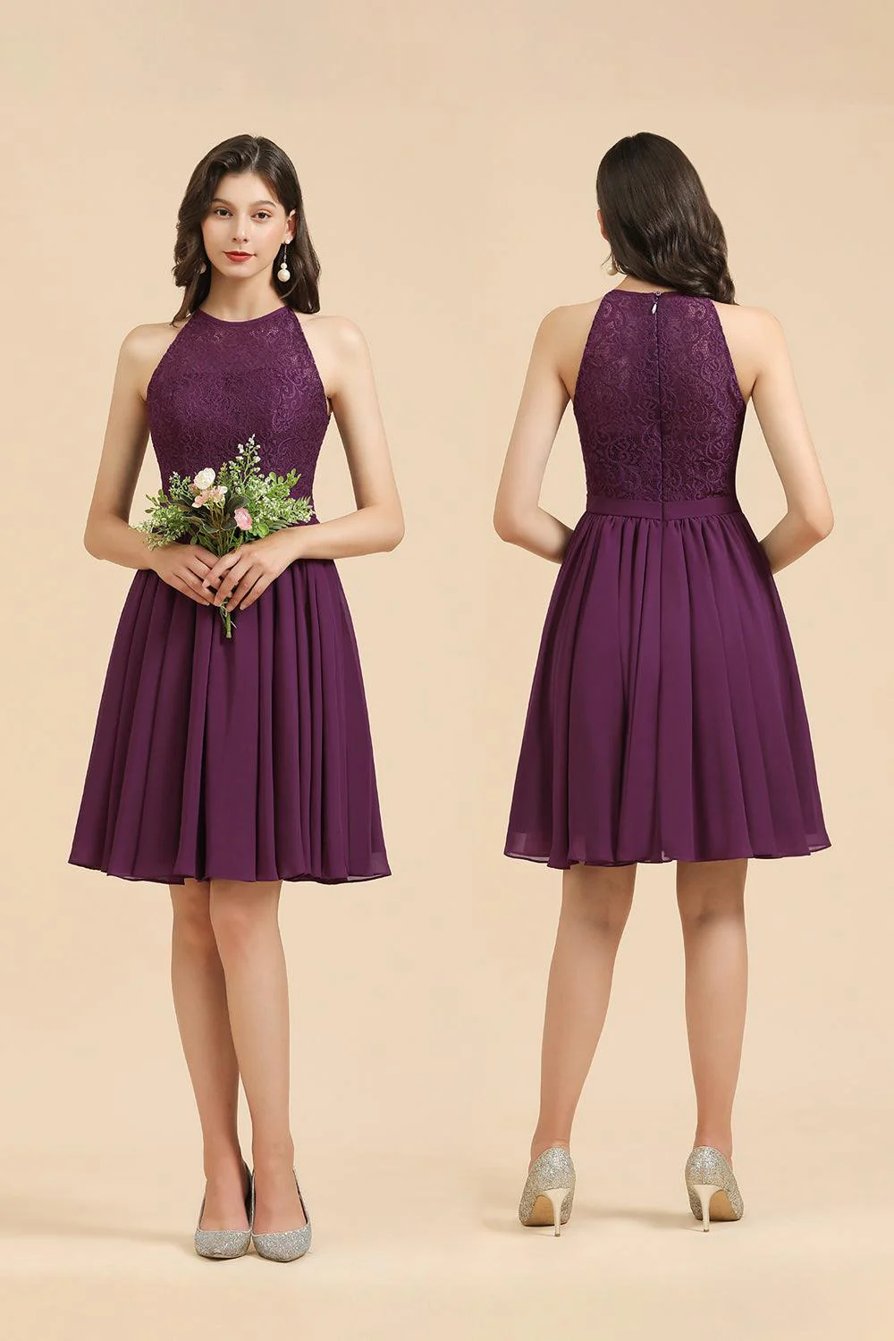 Halter Lace Bridesmaid Dress Chiffon Sleeveless Short Dress - Image 8