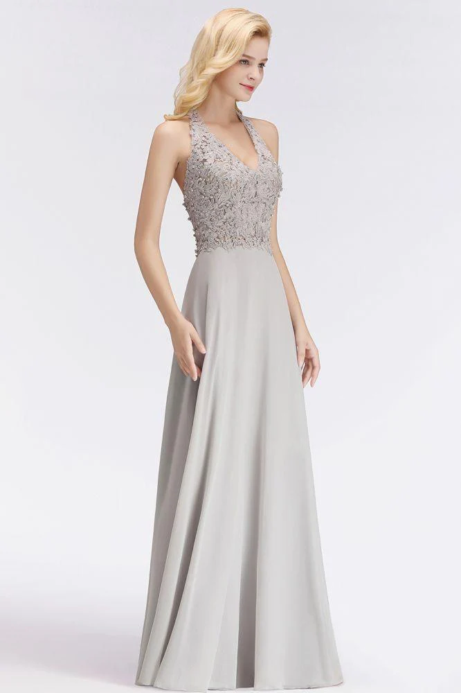 Halter Sleeveless Floral Appliques Evening Party Dress Aline Floor Length Bridesmaid Dress - Image 10