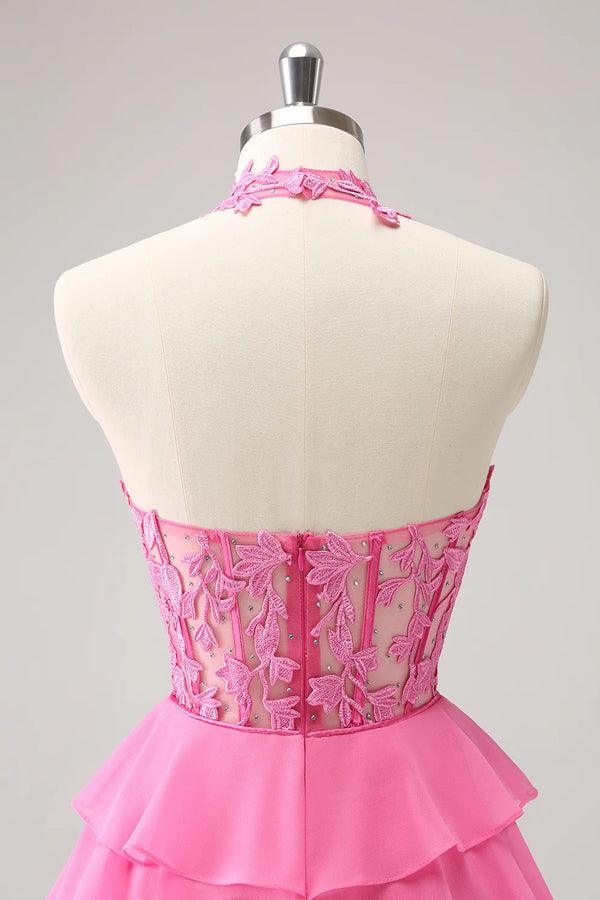 Hot Pink A Line Strapless Tiered Corset Cute Homecoming Dress - Image 5