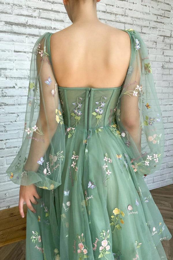 Light Green Embroidered Tulle dress Evening Dress Puffy Long Sleeve - Image 3