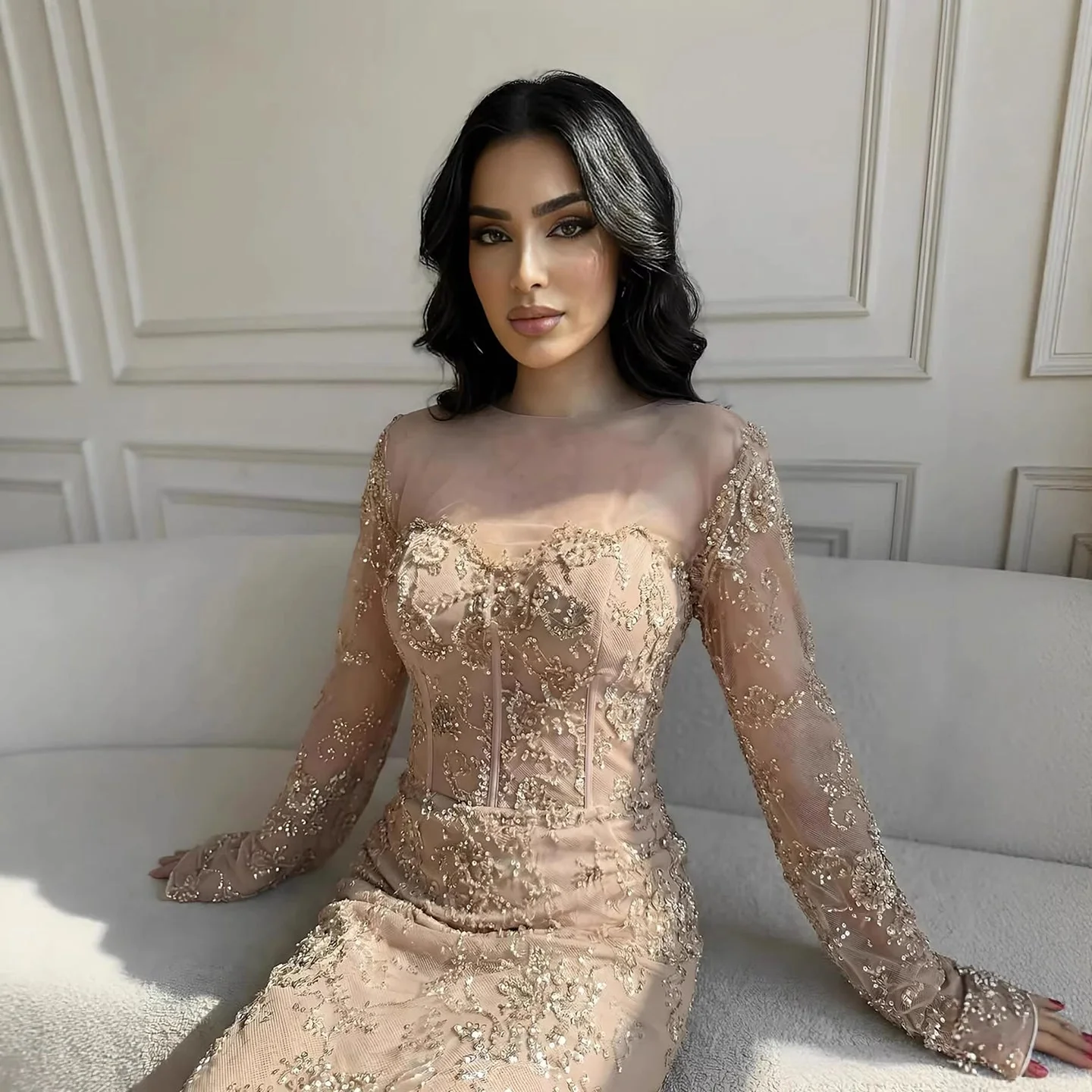 Luxury Arabic Lace Beaded Mermaid Evening Dress with Sleeves - Image 10
