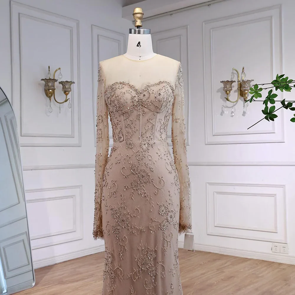Luxury Arabic Lace Beaded Mermaid Evening Dress with Sleeves - Image 5