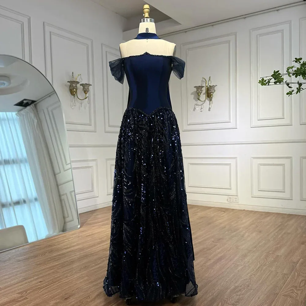 Luxury Arabic Navy A-Line Evening Dress with Beaded - Image 6