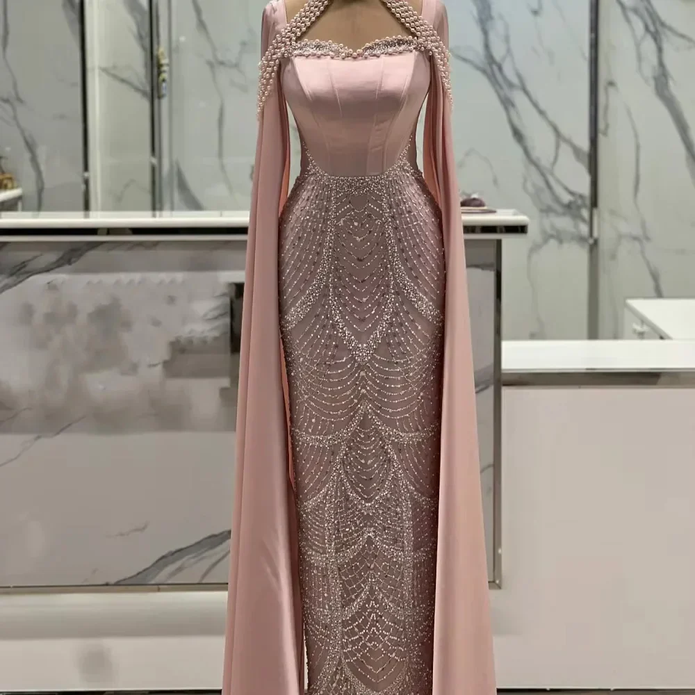 Luxury Arabic Pearls Pink Evening Dress with Cape - Image 4