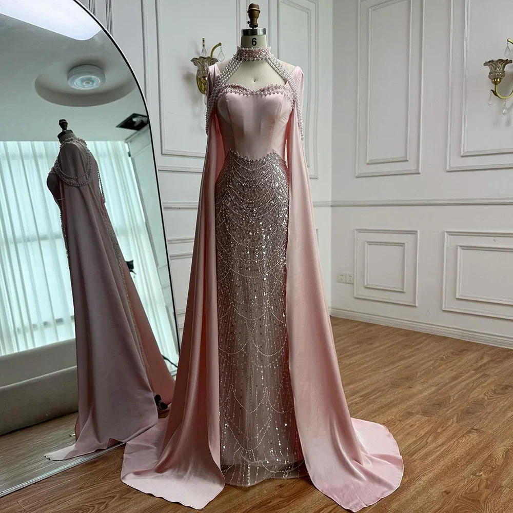 Luxury Arabic Pearls Pink Evening Dress with Cape - Image 5