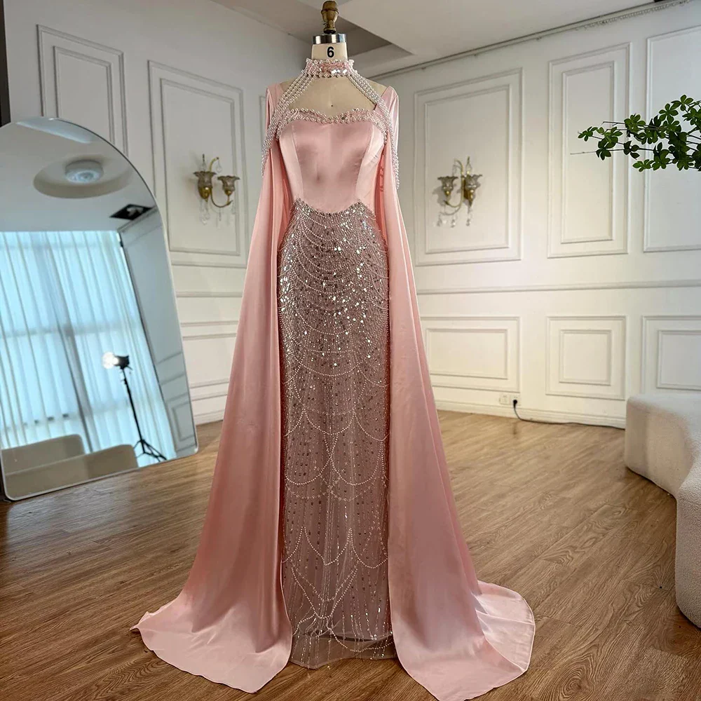 Luxury Arabic Pearls Pink Evening Dress with Cape - Image 7