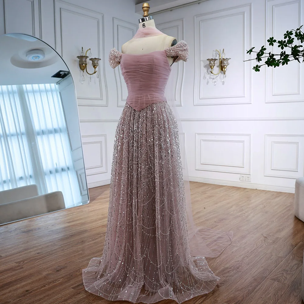 Luxury Arabic Pink Pearls Beaded Evening Dress With Cape - Image 11