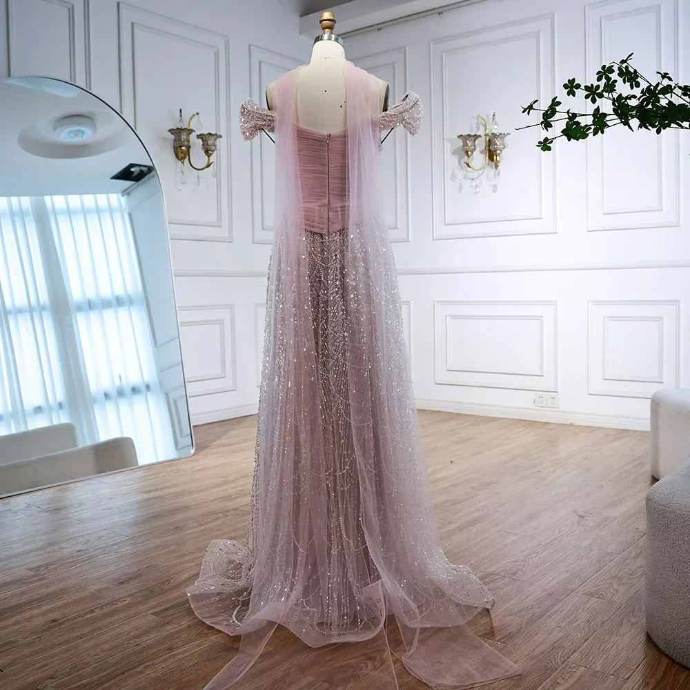 Luxury Arabic Pink Pearls Beaded Evening Dress With Cape - Image 12