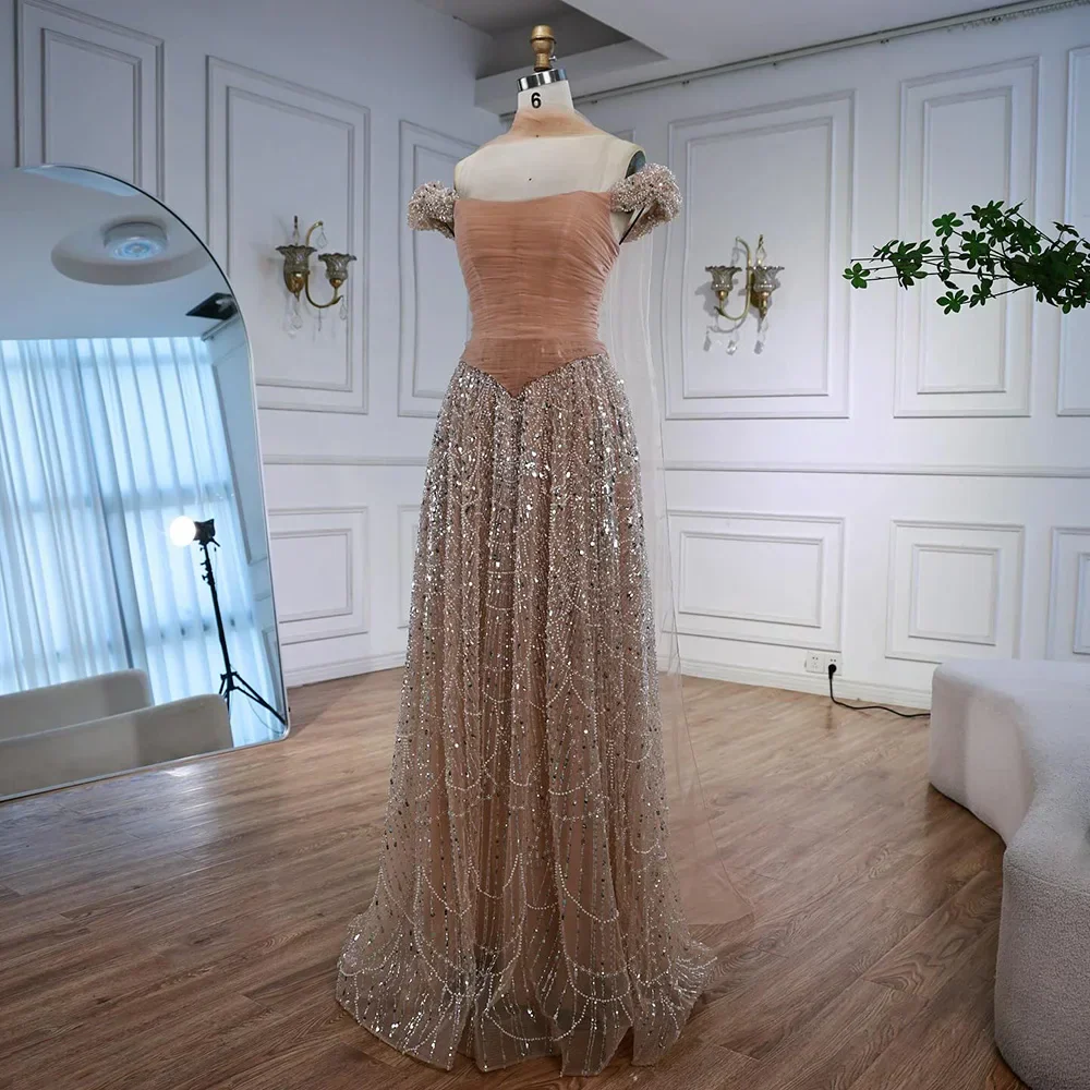 Luxury Arabic Pink Pearls Beaded Evening Dress With Cape - Image 15