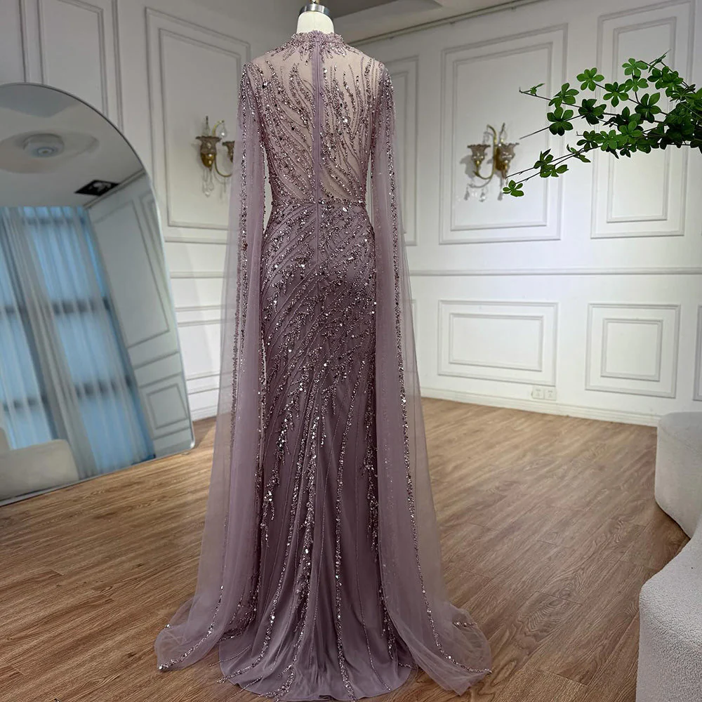 Luxury Nude Mermaid Evening Dress with Cape Sleeves - Image 22