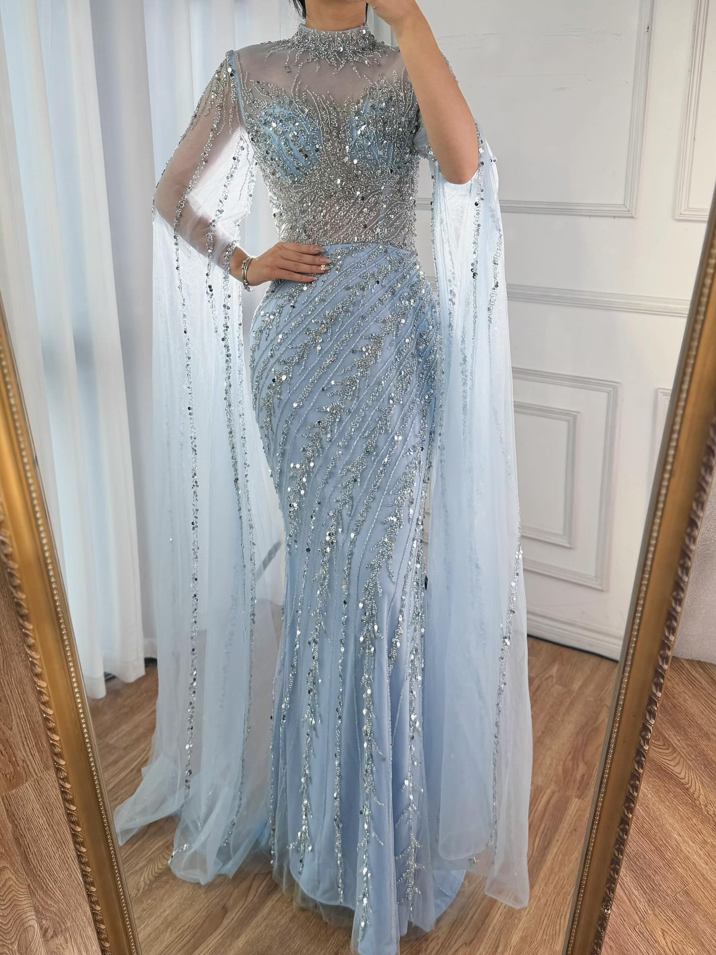 Luxury Nude Mermaid Evening Dress with Cape Sleeves - Image 24
