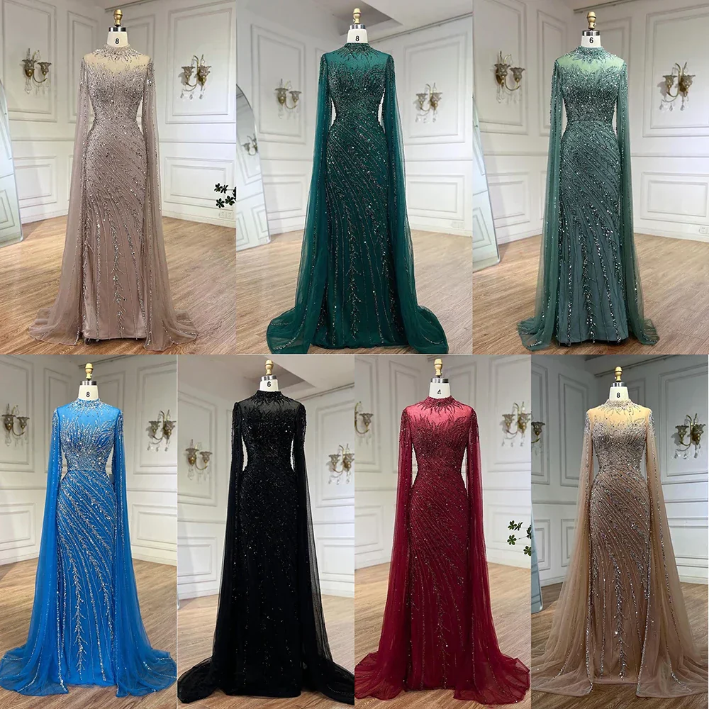 Luxury Nude Mermaid Evening Dress with Cape Sleeves - Image 4
