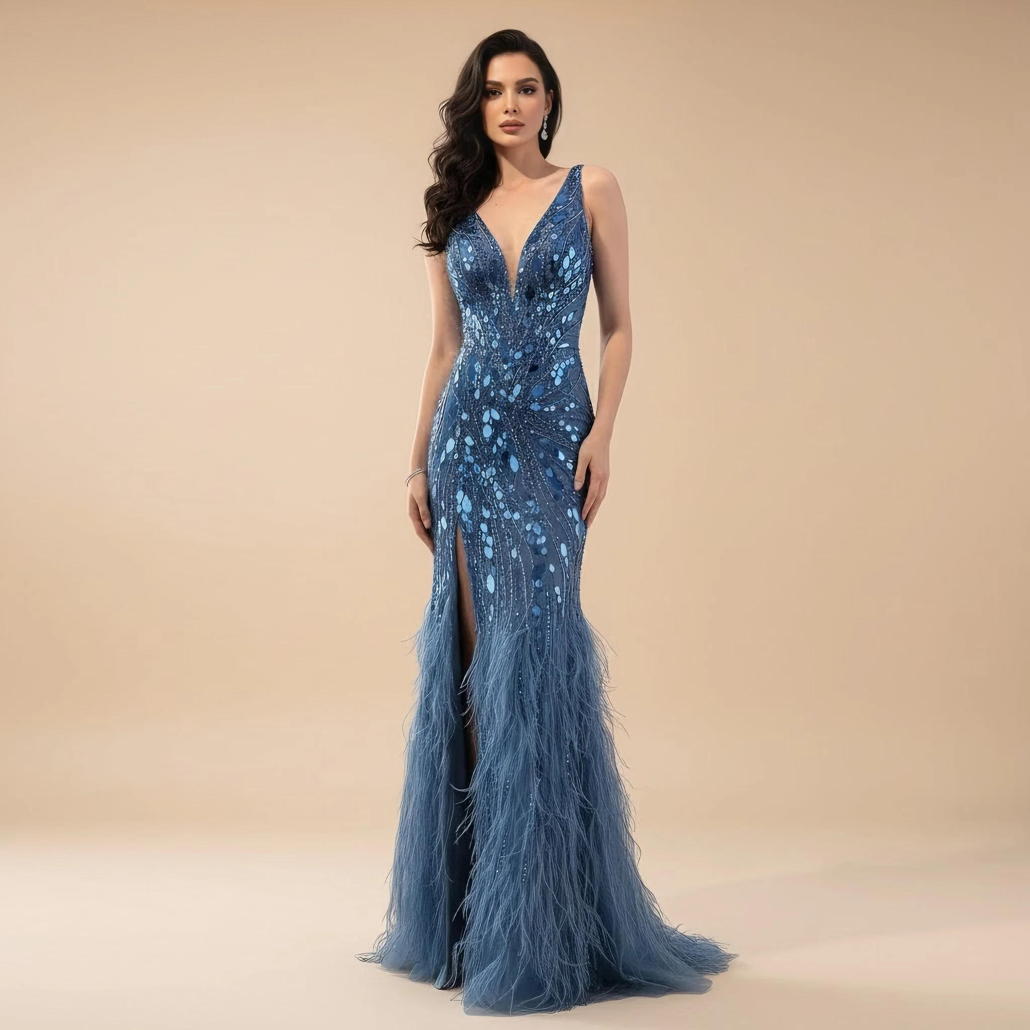 Luxury Blue Beaded Feather Mermaid Evening Dress