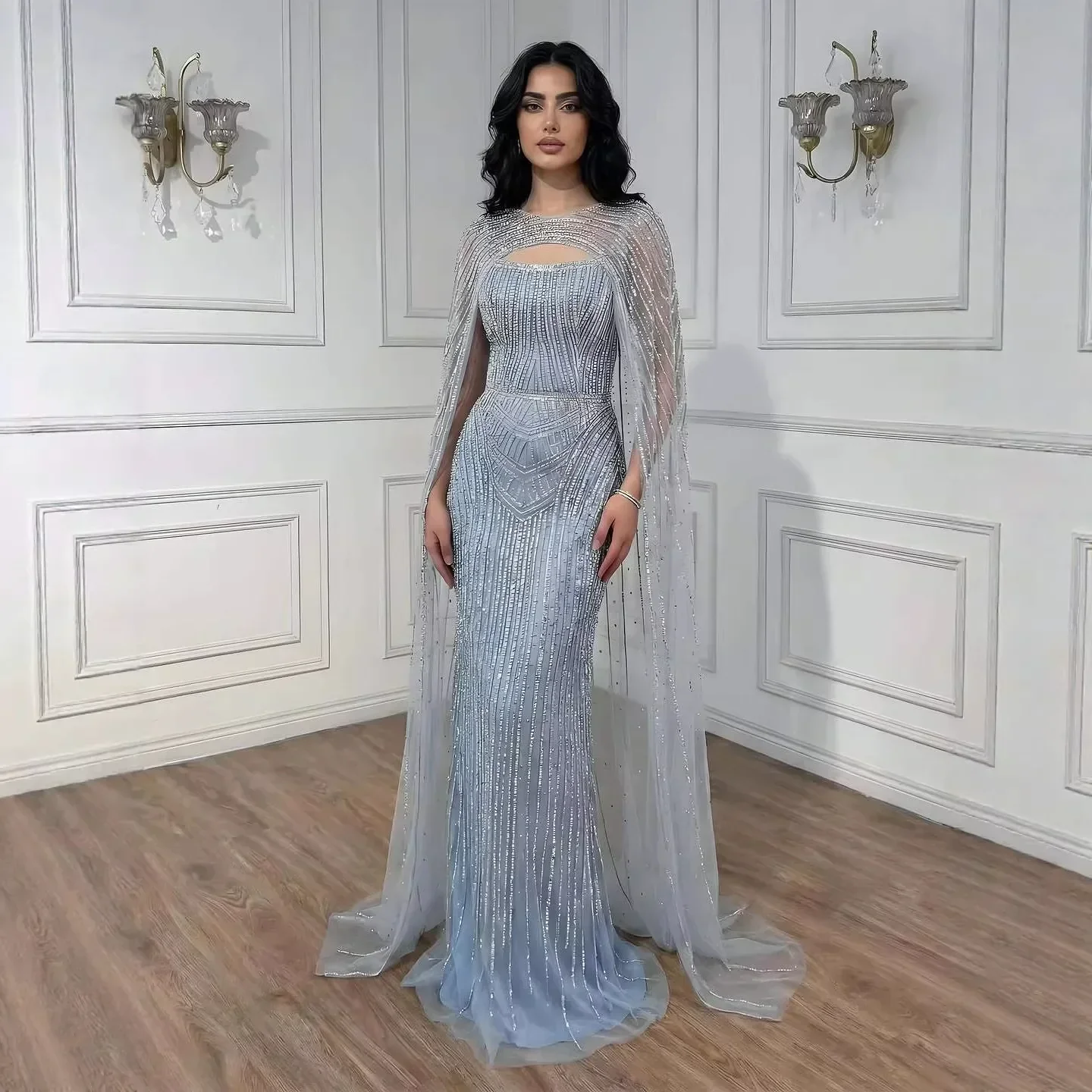 Luxury Blue Diamond Evening Dress With Cape