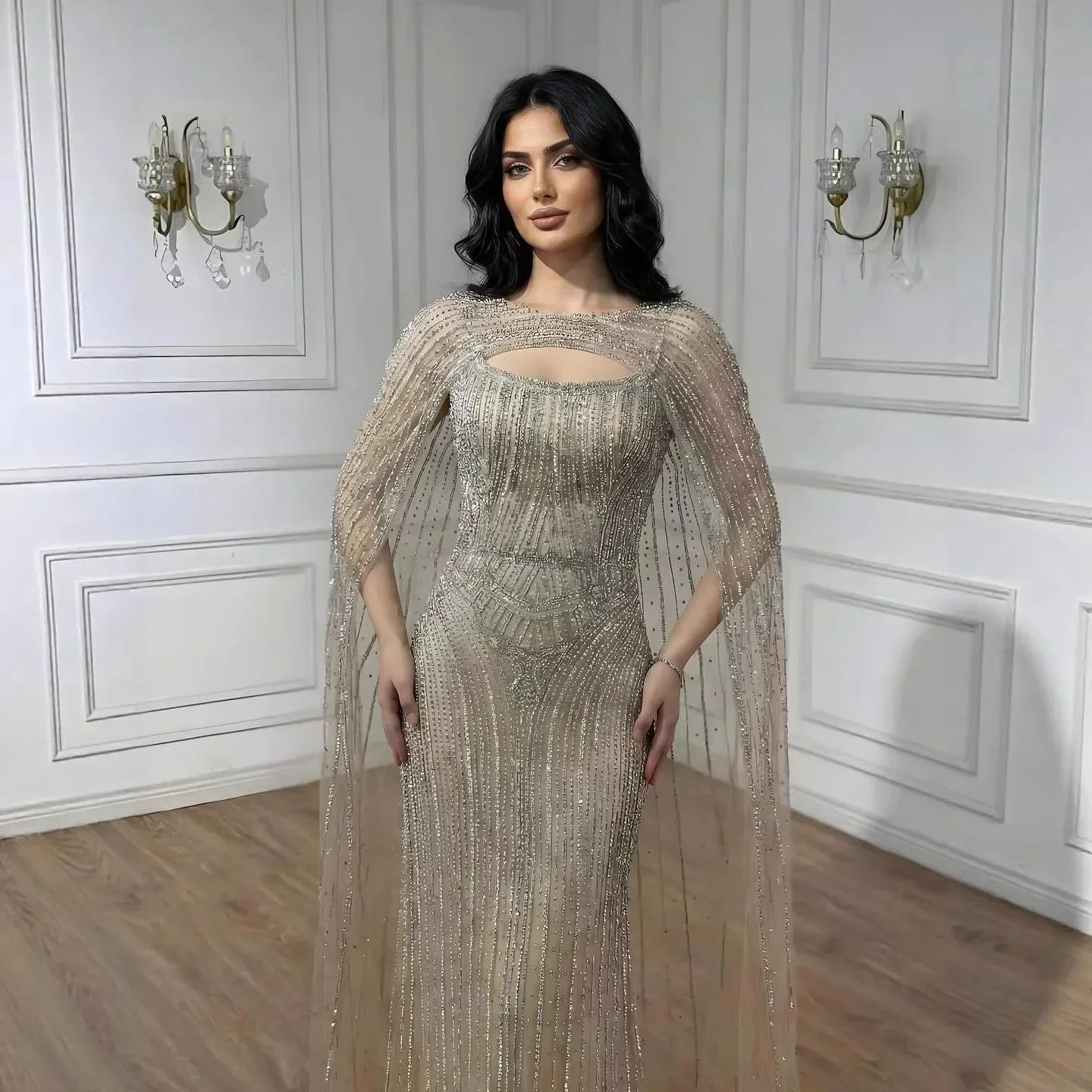 Luxury Blue Diamond Evening Dress With Cape - Image 10