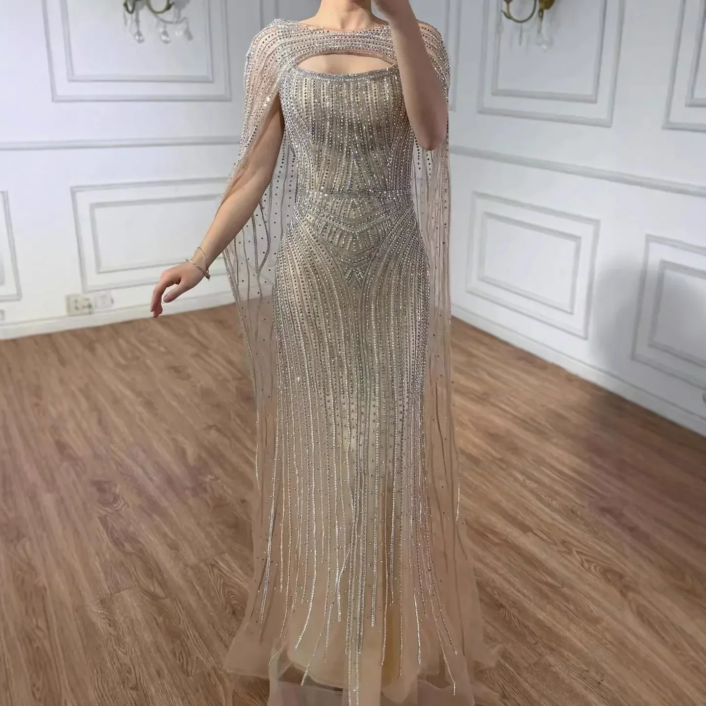 Luxury Blue Diamond Evening Dress With Cape - Image 11