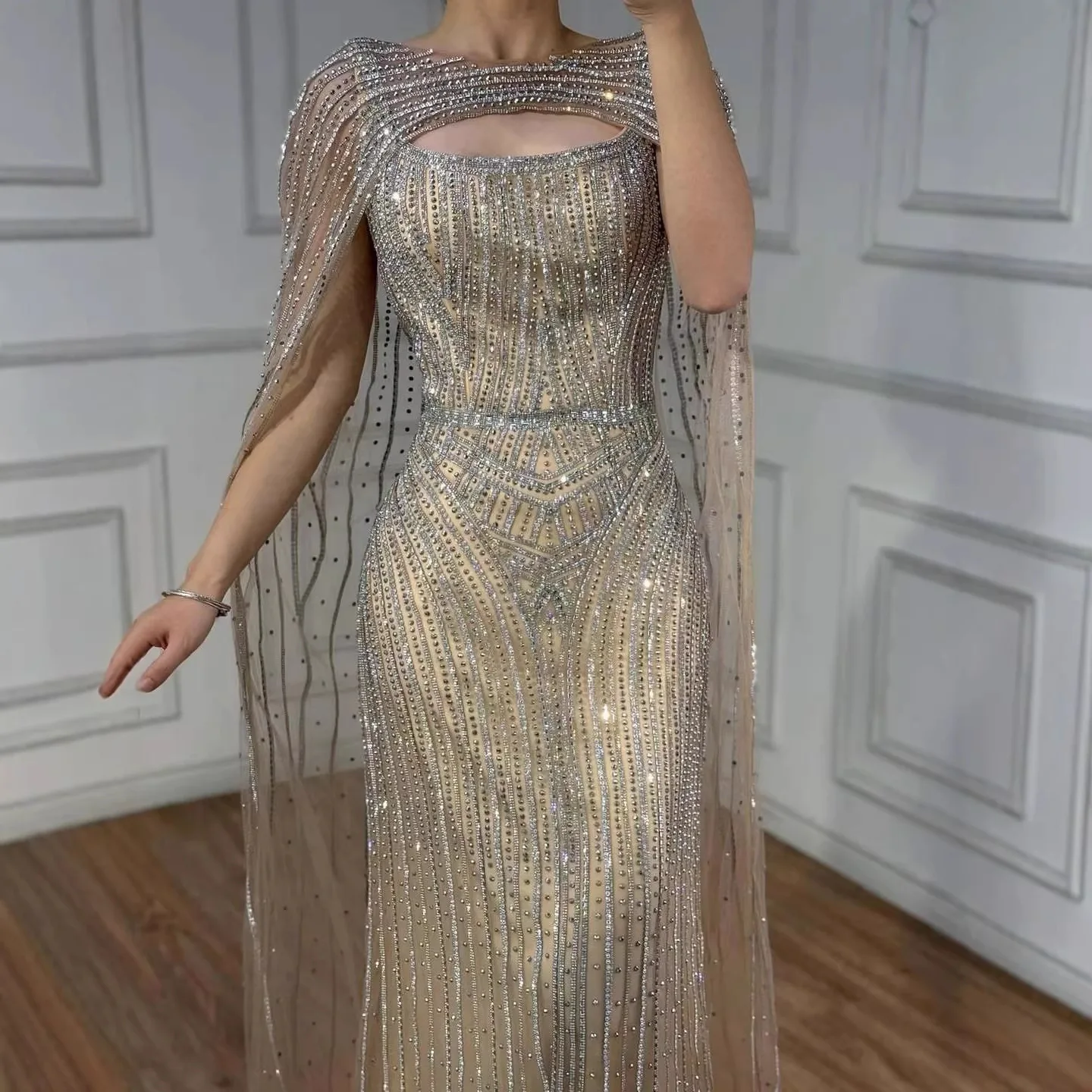 Luxury Blue Diamond Evening Dress With Cape - Image 12