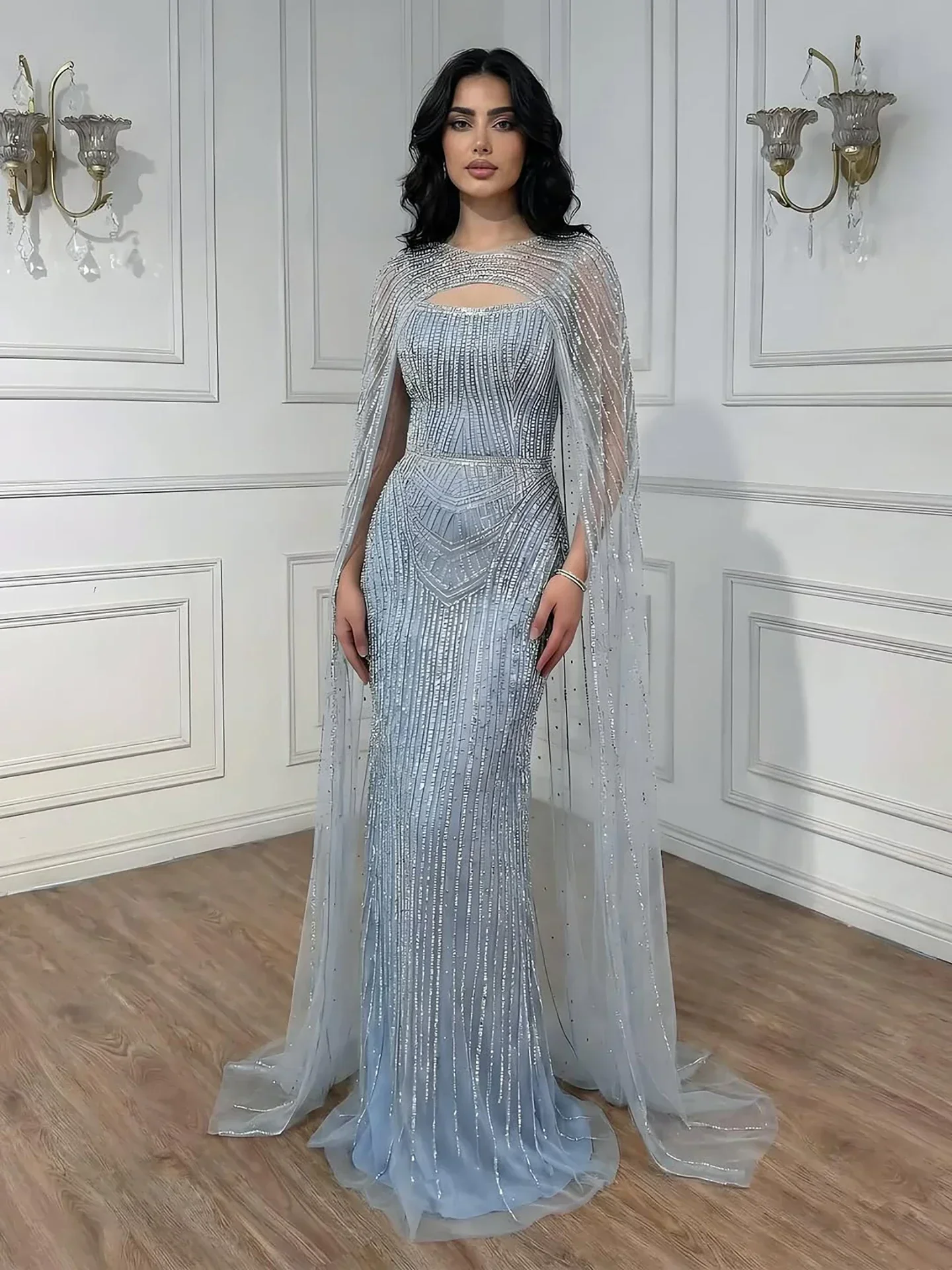 Luxury Blue Diamond Evening Dress With Cape - Image 14