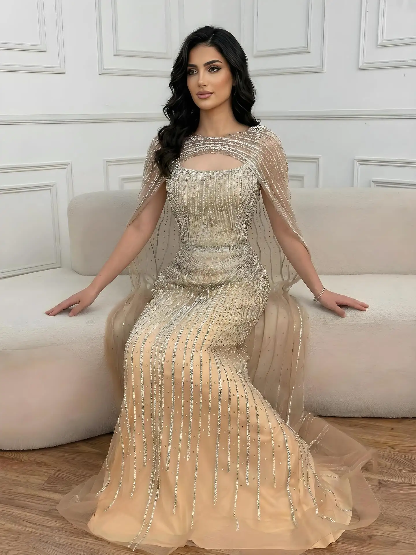 Luxury Blue Diamond Evening Dress With Cape - Image 17