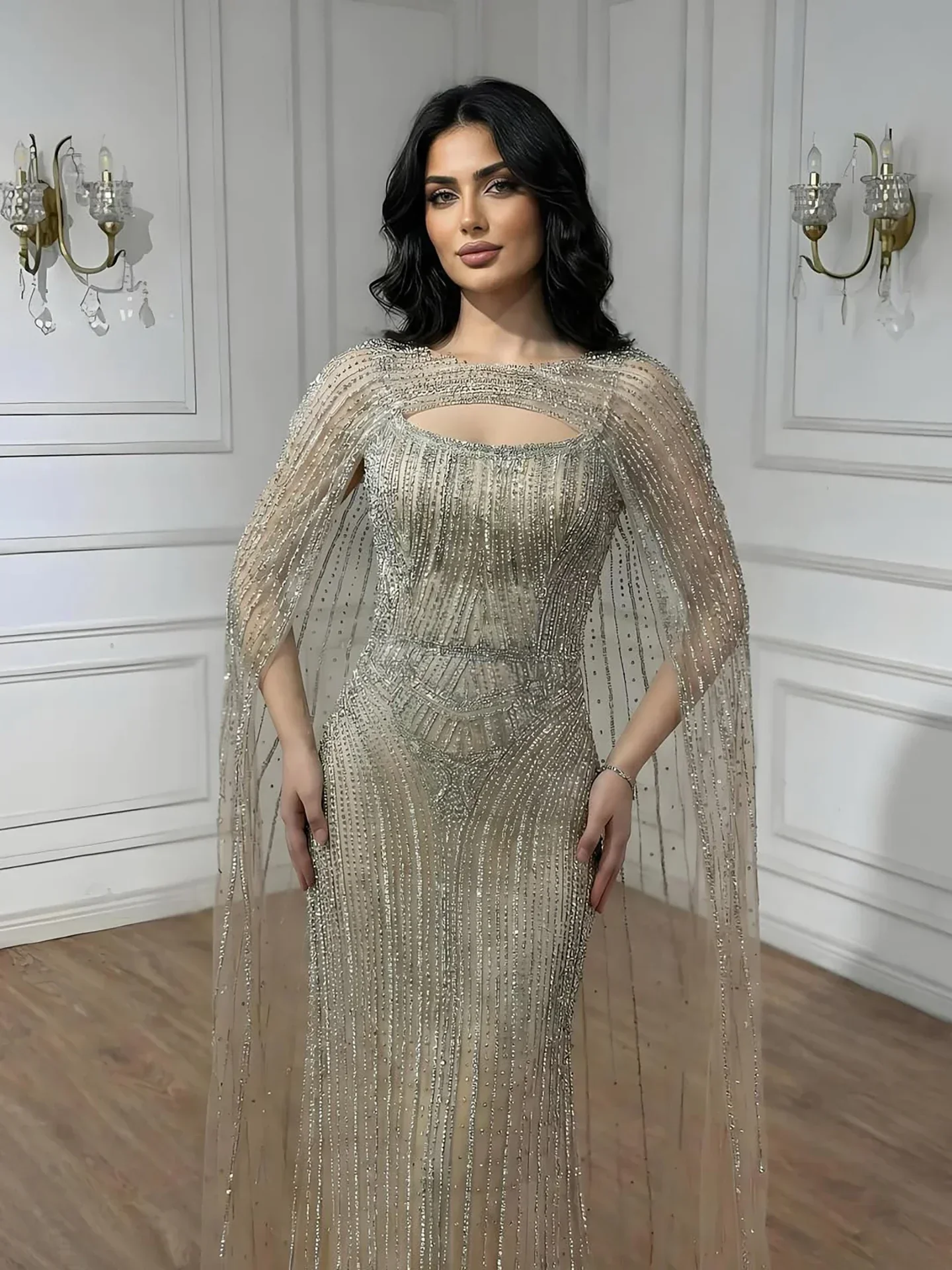 Luxury Blue Diamond Evening Dress With Cape - Image 19