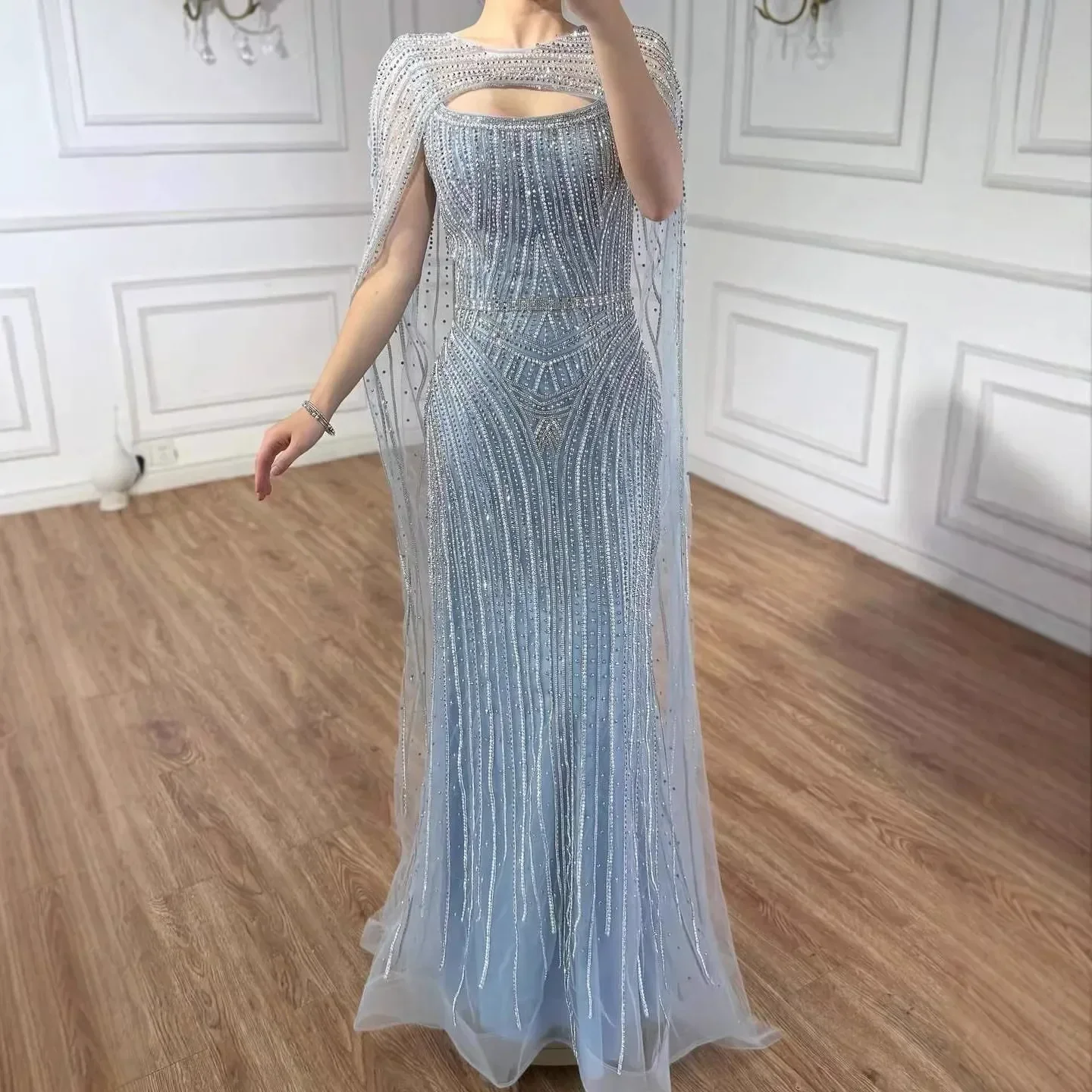 Luxury Blue Diamond Evening Dress With Cape - Image 2