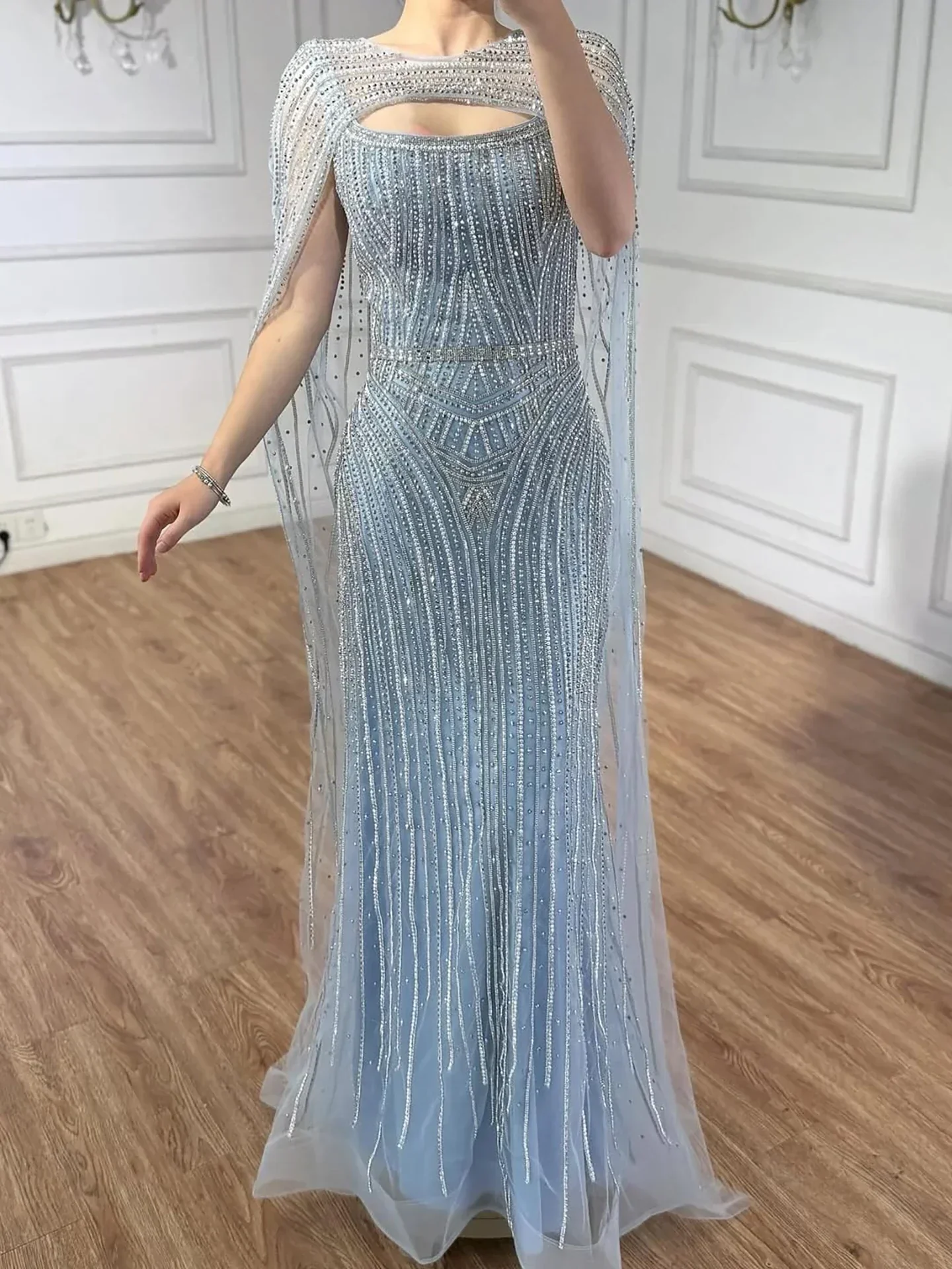 Luxury Blue Diamond Evening Dress With Cape - Image 20