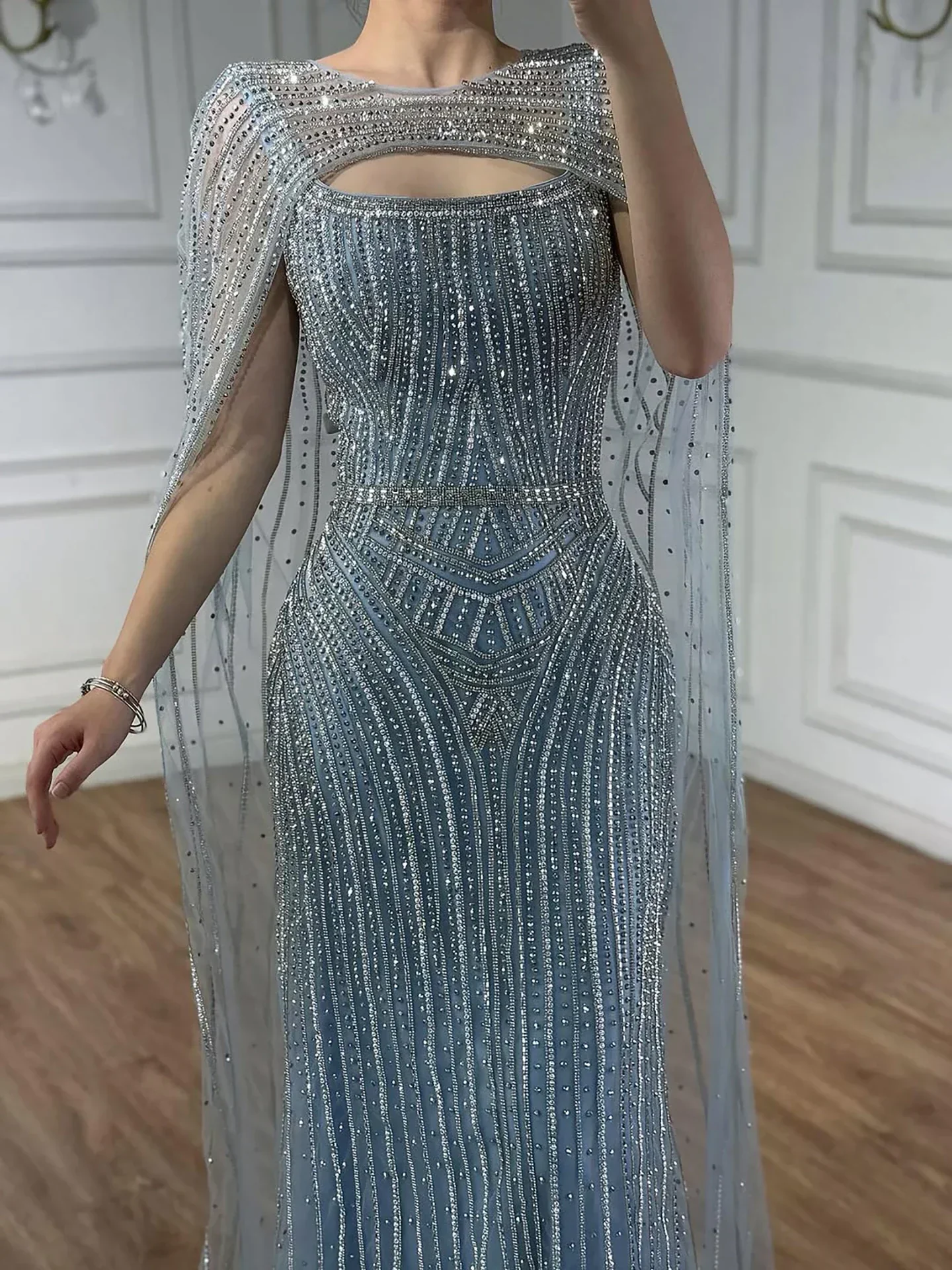 Luxury Blue Diamond Evening Dress With Cape - Image 21