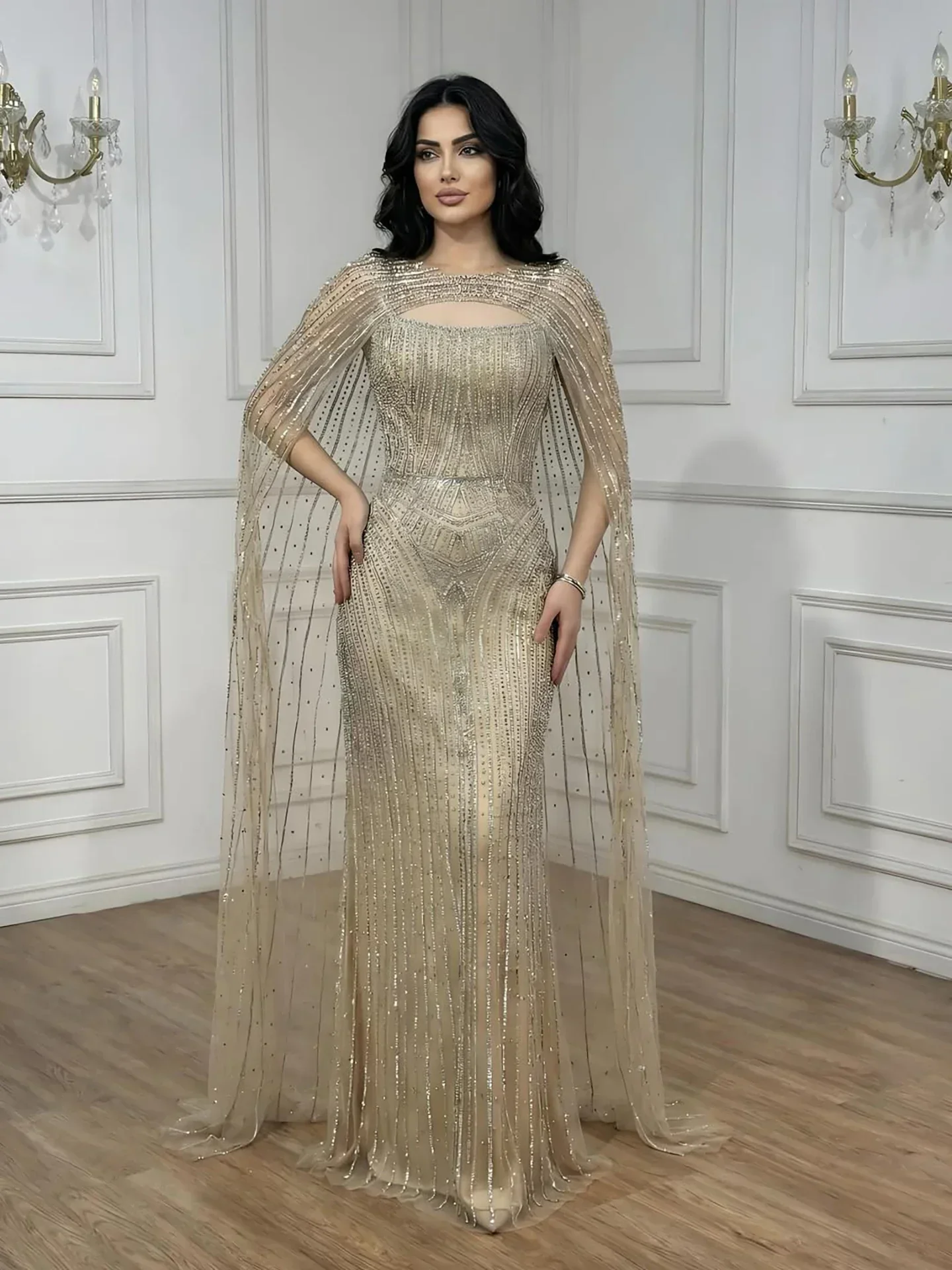 Luxury Blue Diamond Evening Dress With Cape - Image 23