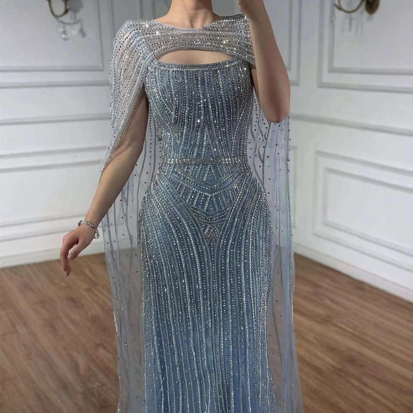 Luxury Blue Diamond Evening Dress With Cape - Image 3