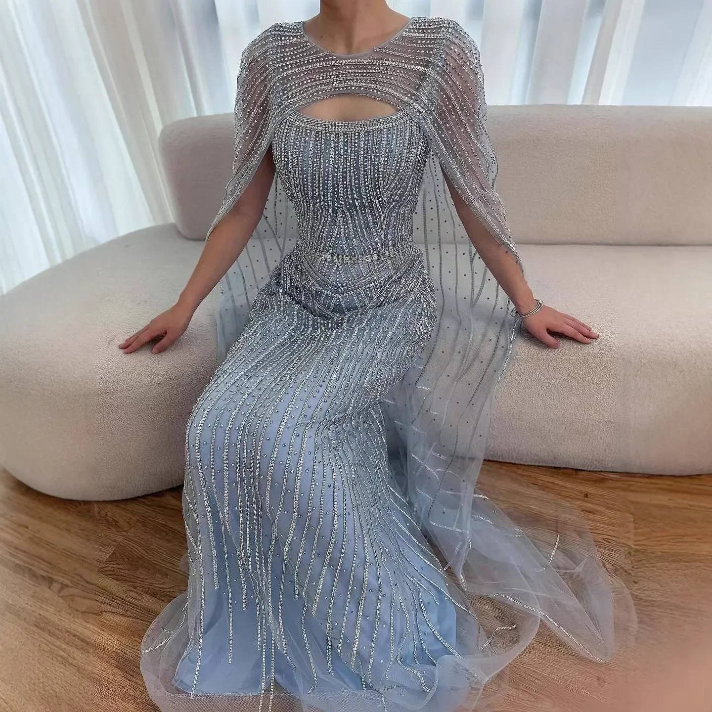 Luxury Blue Diamond Evening Dress With Cape - Image 5