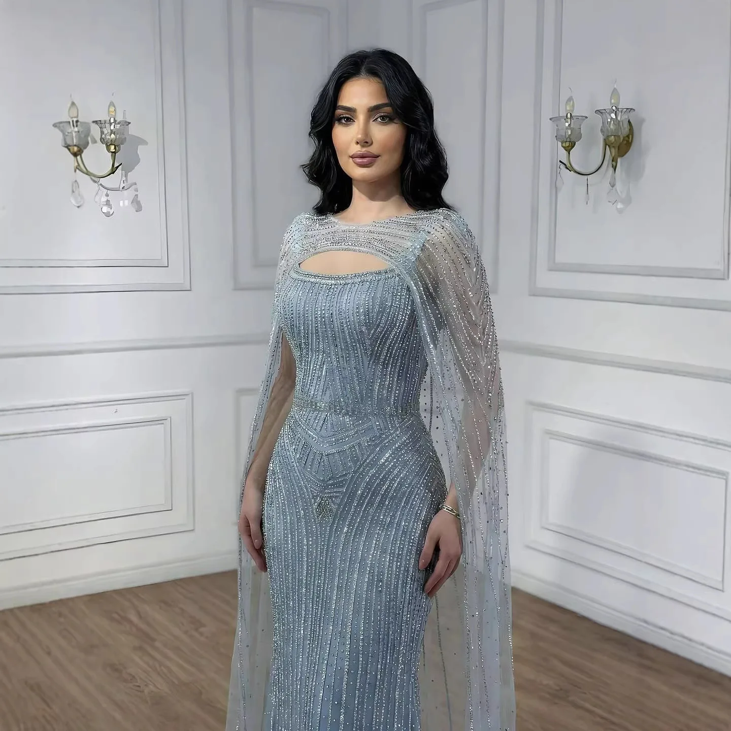 Luxury Blue Diamond Evening Dress With Cape - Image 6