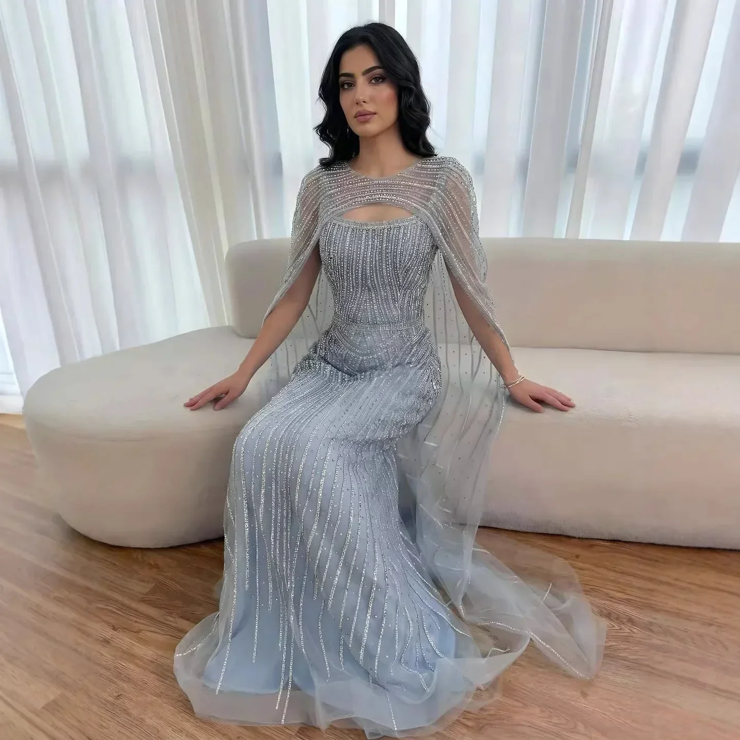 Luxury Blue Diamond Evening Dress With Cape - Image 7