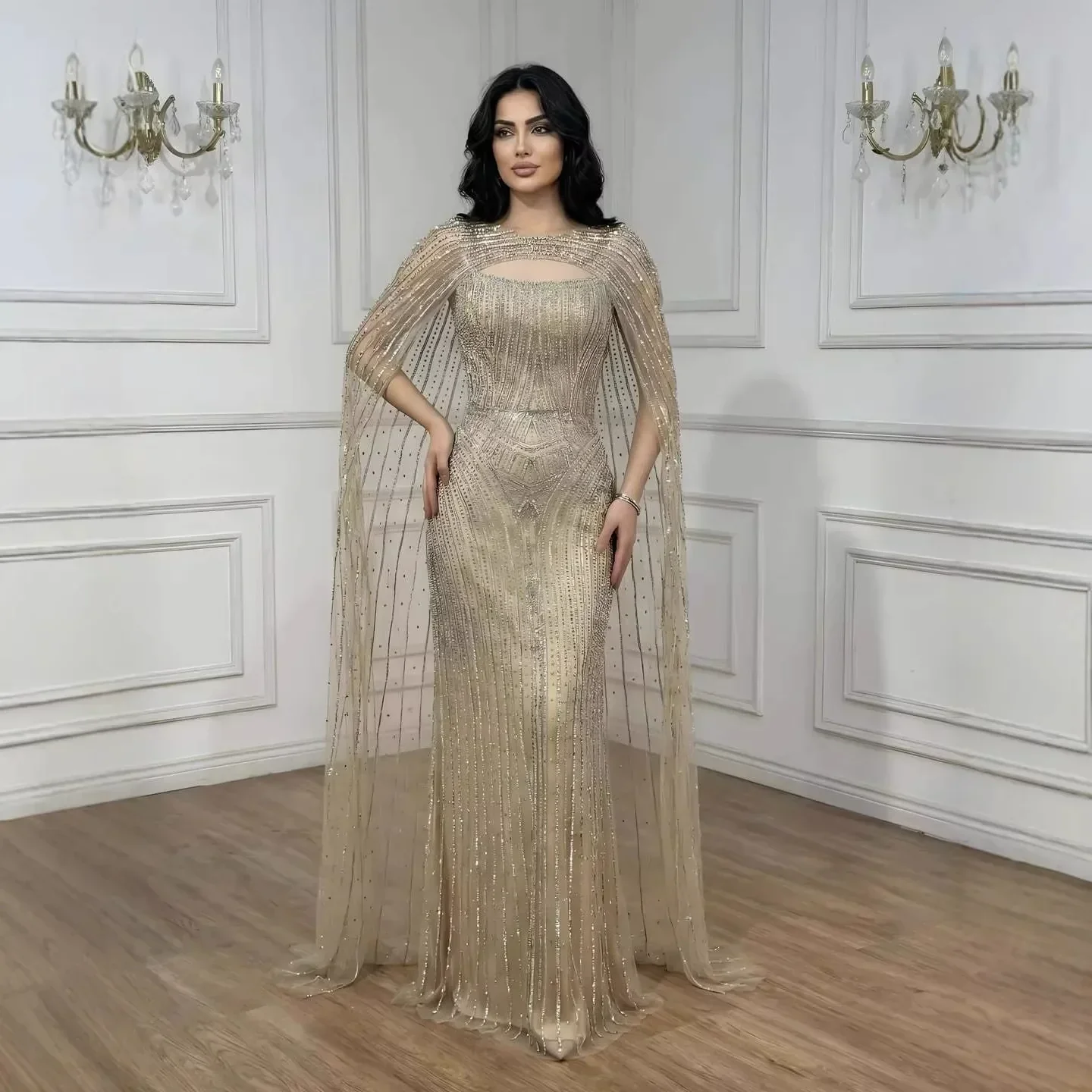 Luxury Blue Diamond Evening Dress With Cape - Image 9