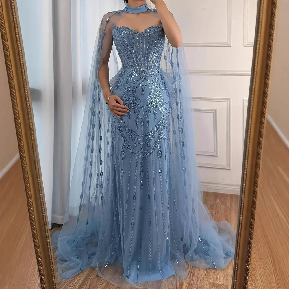 Luxury Blue Sequin Beaded Evening Dress with Cape Sleeves LA73108 - Image 10