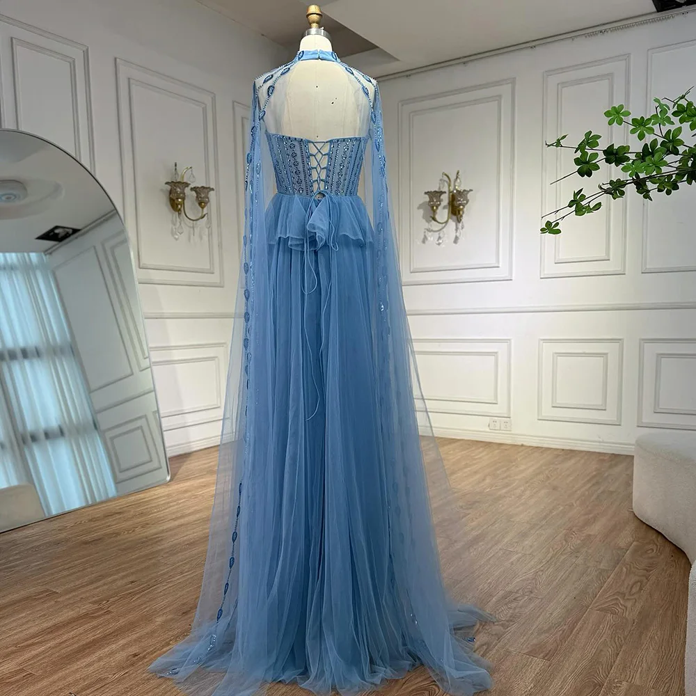 Luxury Blue Sequin Beaded Evening Dress with Cape Sleeves LA73108 - Image 4