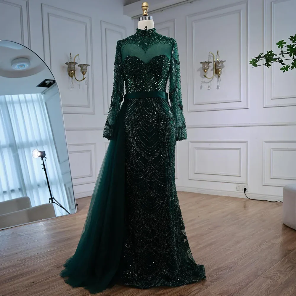 Luxury Brown Beaded Mermaid Evening Dress with Side Overskirt - Image 6
