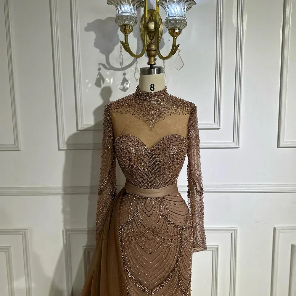 Luxury Brown Beaded Mermaid Evening Dress with Side Overskirt - Image 9