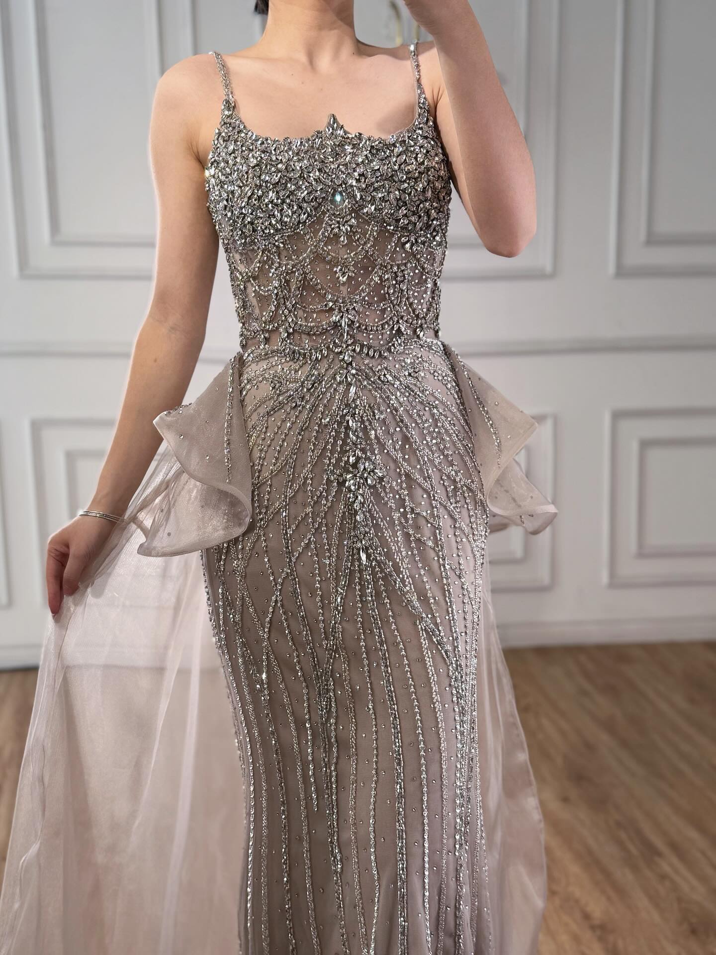 Luxury Caramel Crystal Beaded Spaghetti Strap Mermaid Evening Dress - Image 7