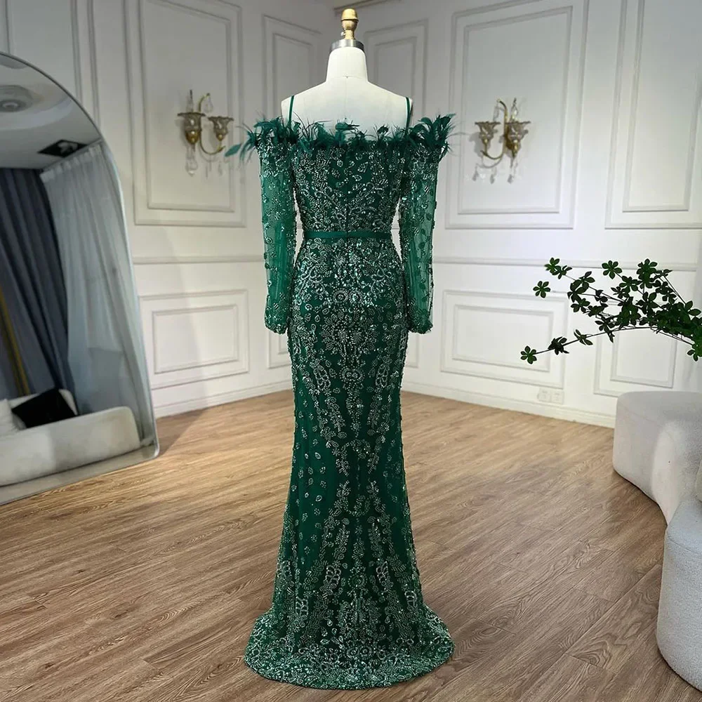 Luxury Dubai Green Long Sleeves Feathers Beaded Evening Dress - Image 10