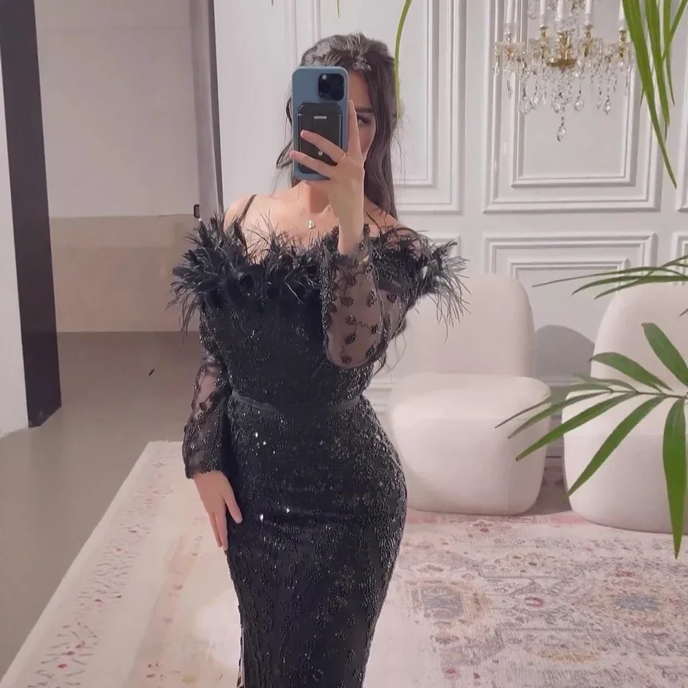 Luxury Dubai Green Long Sleeves Feathers Beaded Evening Dress - Image 2