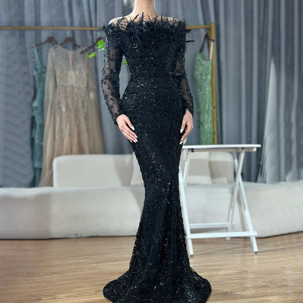 Luxury Dubai Green Long Sleeves Feathers Beaded Evening Dress - Image 3