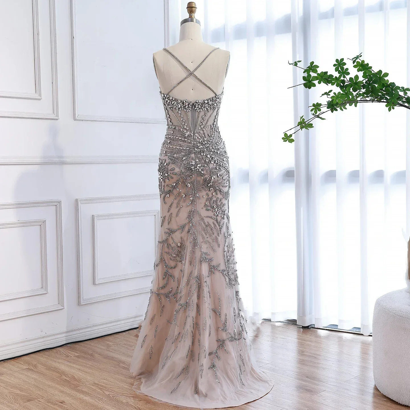 Luxury Evening Dress Grey Beaded With Cape Prom Gown LA73342 - Image 10