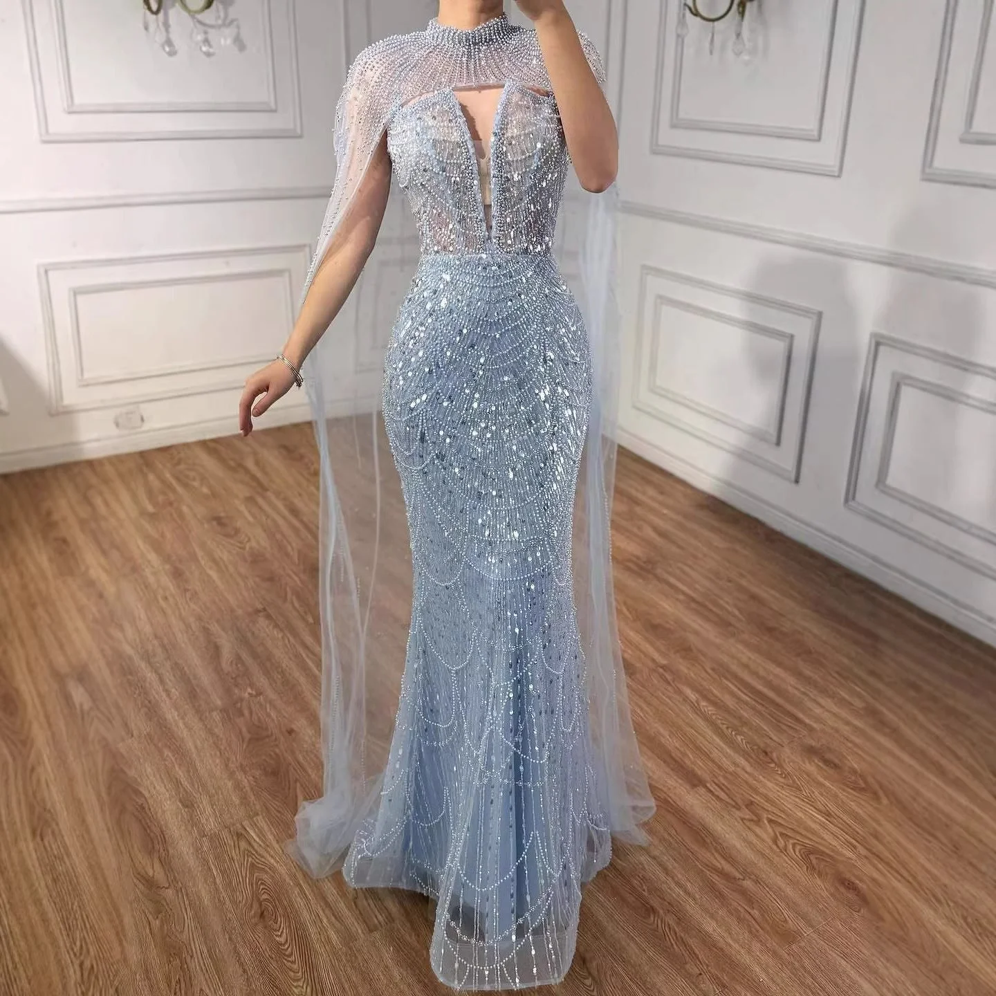 Luxury Evening Dress Nude Pearls Beaded Gown With Tulle Train LA72189A - Image 15